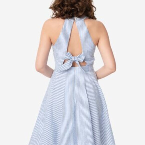 Blue & White Stripe Seersucker Flare Dress Unique Vintage - Picture 2 of 4